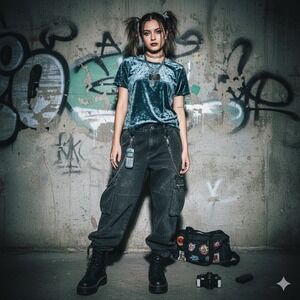 Y2K Arizona Jean Blue Crushed Velvet Short Sleeve Top Womens M Goth Vamp‎ Grunge